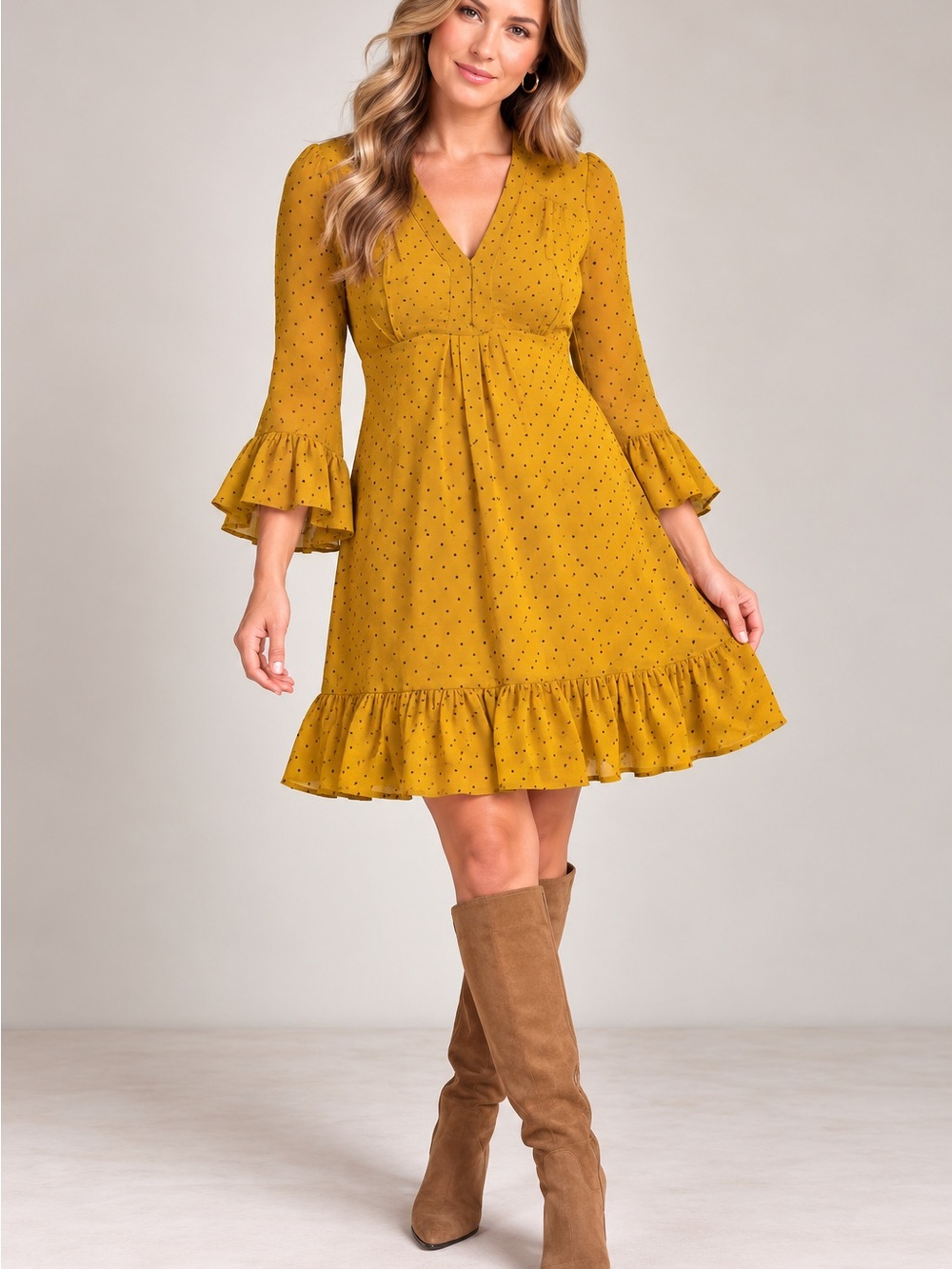 Anama Mustard Yellow Polka Dot Ruffle Mini Dress with ruffles